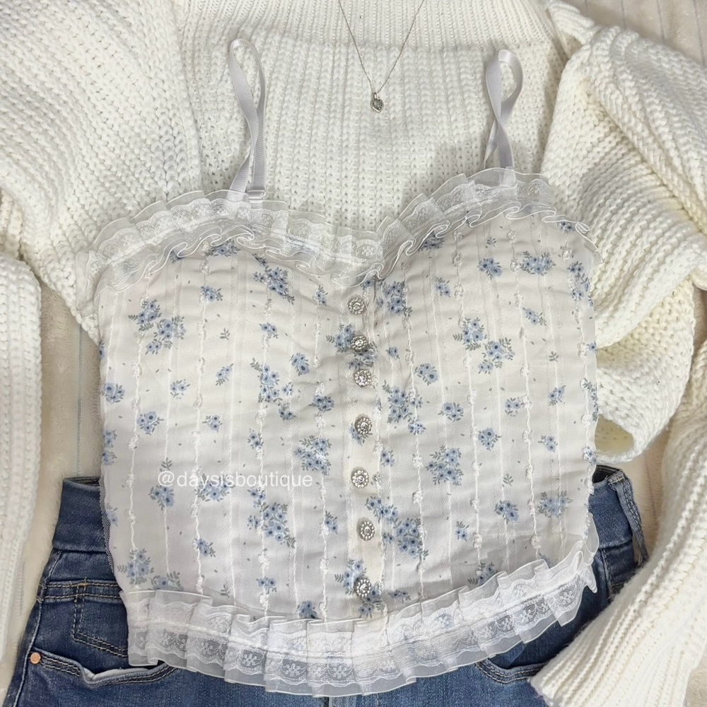 Floral Lace Trim Camisole - White and Blue